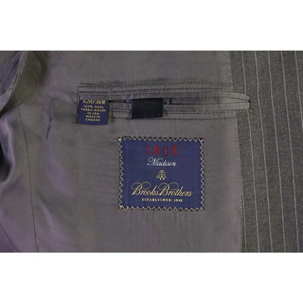 Brooks Brothers Madison Gray w/ Sky Blue Pinstripe 2-Btn Saxxon Wool Suit 42R